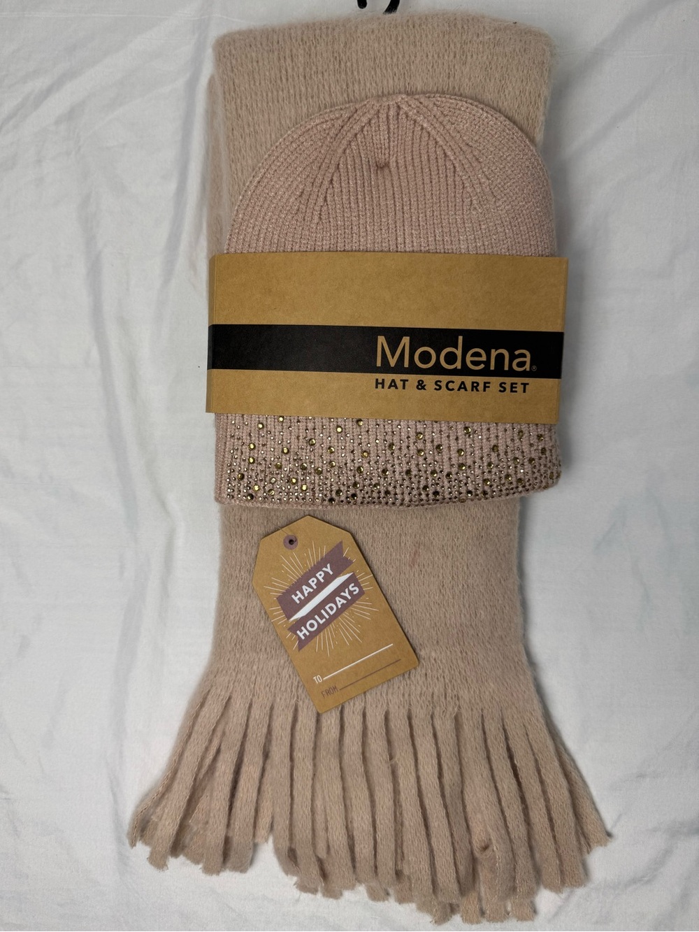 🧣 Modena Women's Knit Hat & Scarf Gift Set Beige Rhinestone Winter NEW